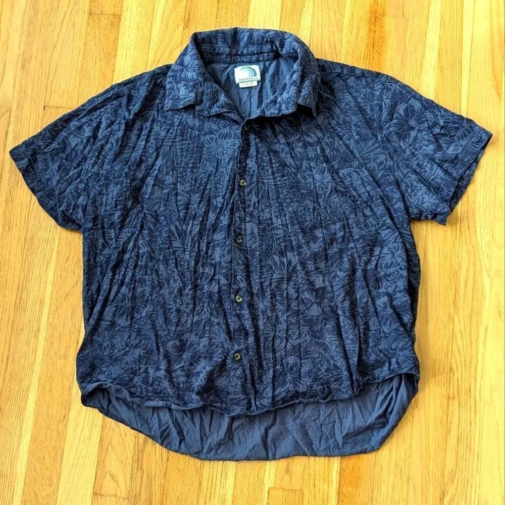 Trunks surf & swim co cotton button down shirt navy blue tropical print